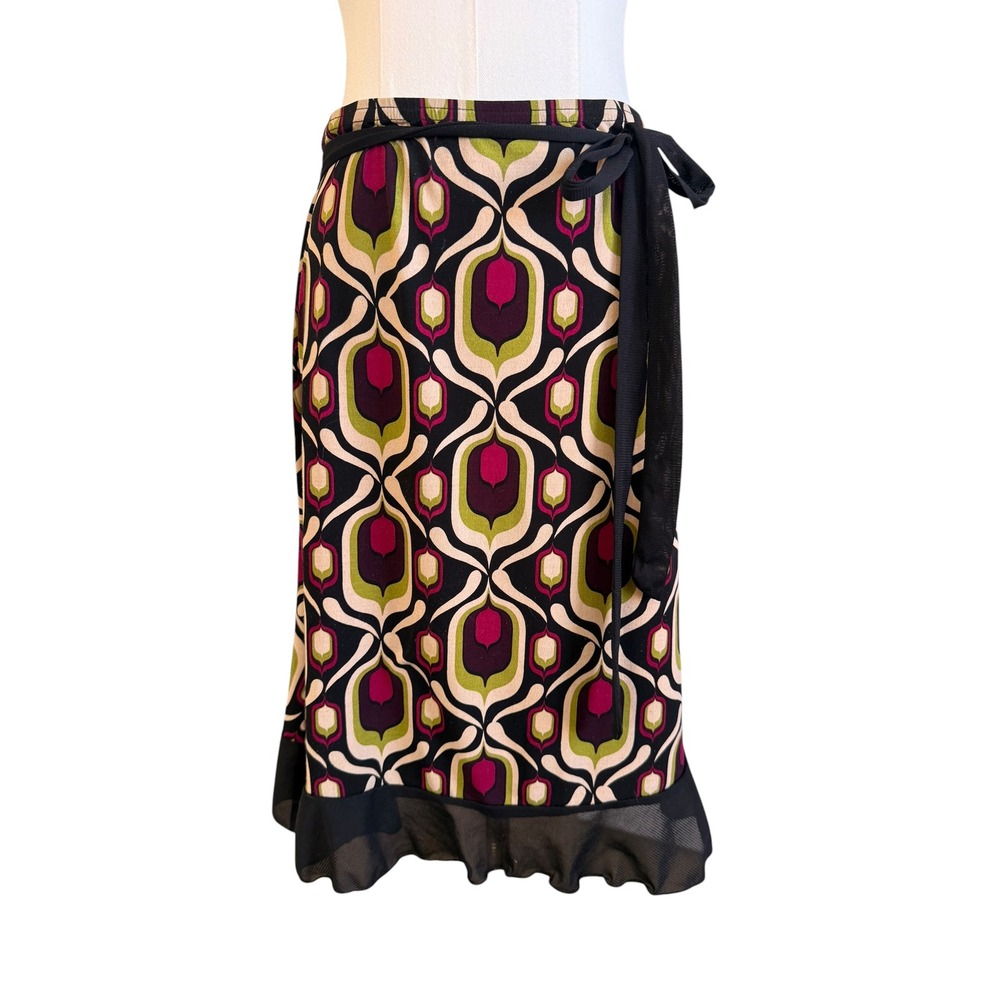 Paper Doll Retro Geometric Wrap Skirt Medium Y2K Mod Print Ruffle Hem